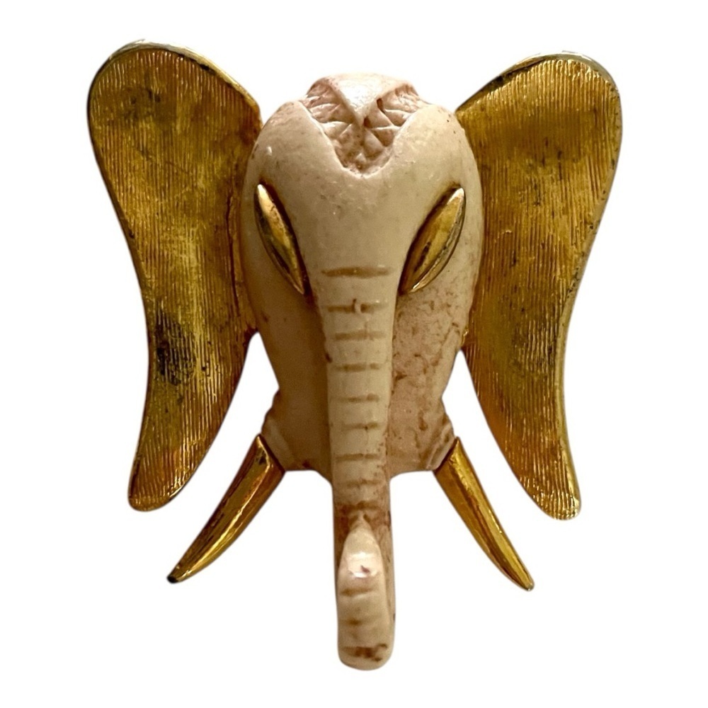 Razza Signed Vintage Elephant Head Brooch, Beige & Gold, 2” x 1 1/2”, Rare!
